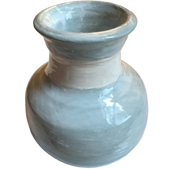 Small HANDCRAFTED Pottery Vase Pale Blue White SIGNED 4" tall x 4" wide Adorable - Picture 2 of 6